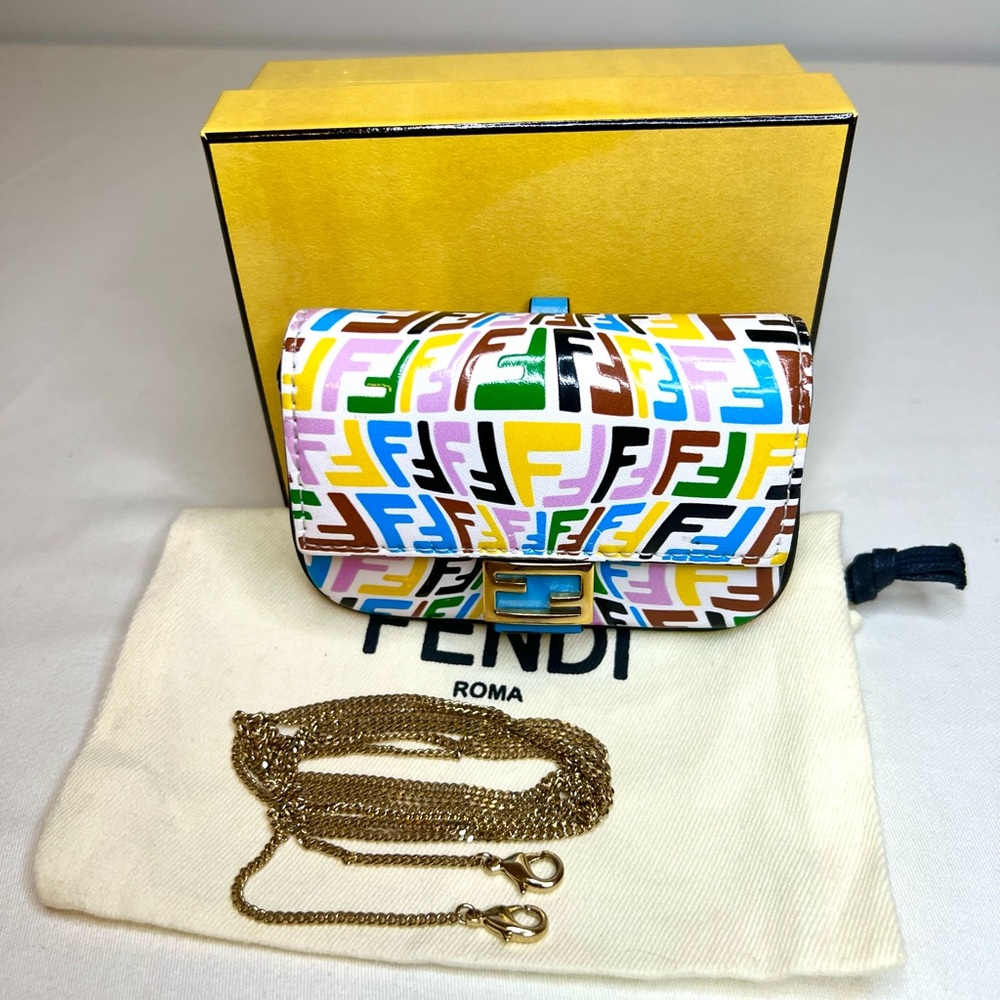 Fendi Nano  Baguette Charm chain bag Fish Eye FF Printed Leather.